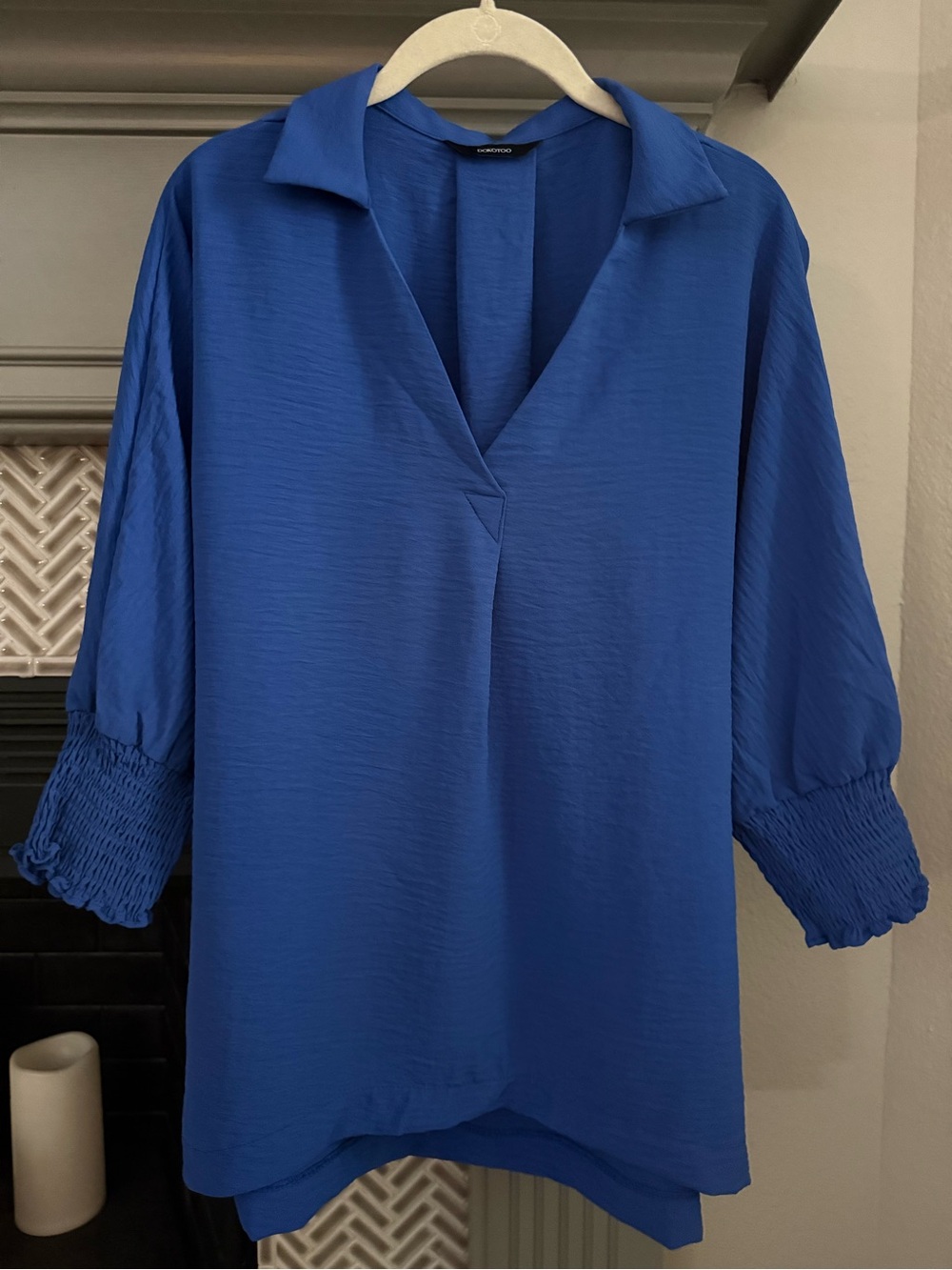Relaxed V-Neck Tunic with Smocked Sleeves in Cobalt Blue